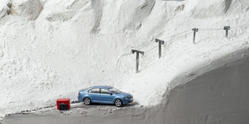 Diorama do reklamy samochodowej – makieta architektoniczna i krajobrazowa wykonana na zamówienie, sceneria zimowa